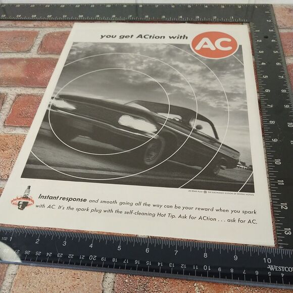 You‎ get ACtion with AC spark plugs automotive - Vtg Orig 1961 B&W Red PRINT AD - Picture 2 of 10